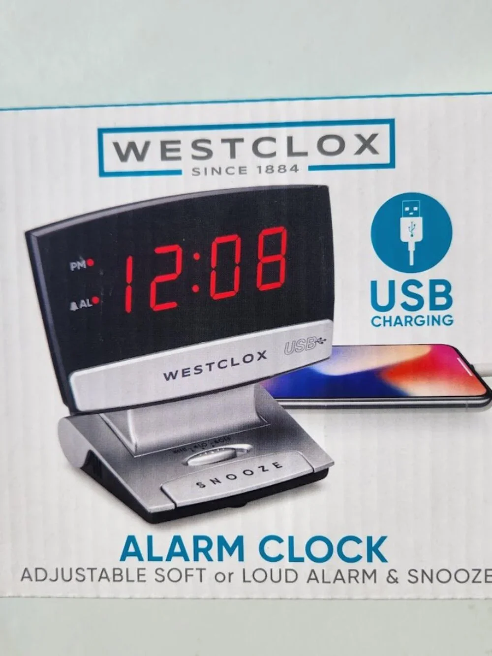 Digital Desk Table Alarm Clock with USB Charging Port Black Silver LED Large 0.9
